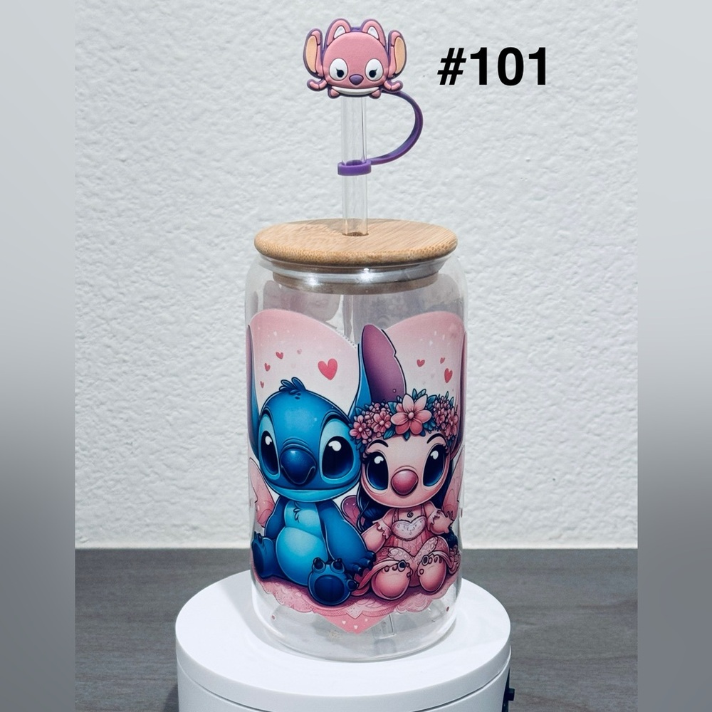 Stitch Cute Blue and Pink Character Glass Tumbler